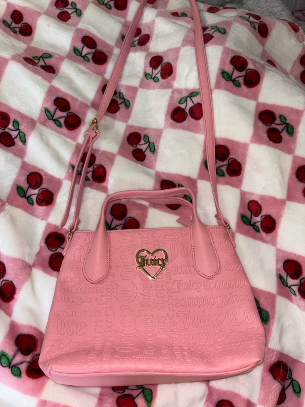 Juicy Couture Pink Embossed Logo Shoulder Bag with Gold Heart Accent